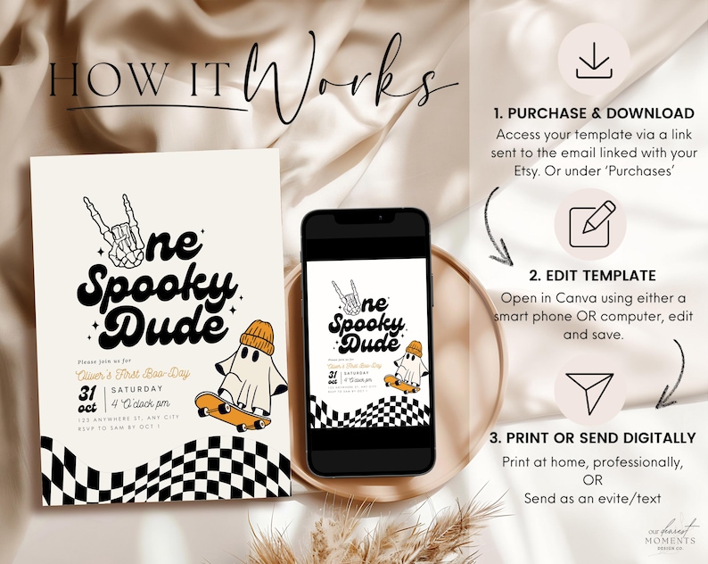 Editable One Spooky Dude Birthday Invitation Halloween Boy 1st Birthday Invite First Birthday Instant Download Spooky One Skateboard Ghost image 5
