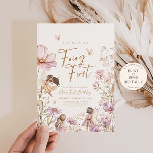 May include: A printable invitation for a first birthday party with a fairy theme. The invitation features a floral design with pink and purple flowers, butterflies, and fairies. The text on the invitation reads "It's Olivia's Fairy First" and includes details about the party, such as the date, time, and location.