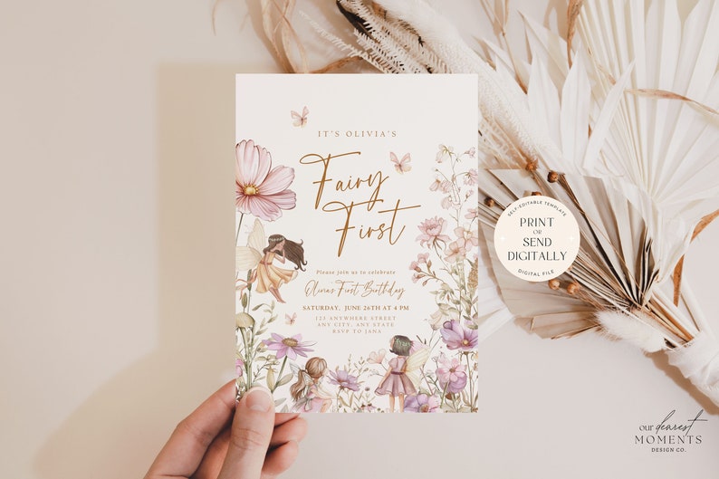 May include: A printable invitation for a first birthday party with a fairy theme. The invitation features a floral design with pink and purple flowers, butterflies, and fairies. The text on the invitation reads "It's Olivia's Fairy First" and includes details about the party, such as the date, time, and location.