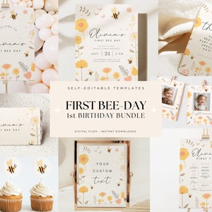 May include: A printable set of first birthday party decorations featuring a bee theme. The set includes a welcome sign, invitation, thank you tag, photo banner, cupcake toppers, and a milestone chart. The decorations are in yellow, pink, and white with a floral pattern.