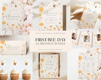 First Bee Day Bundle First Bee Day Birthday Package 1st Birthday Bundle for Girl First Bee Day Invitation First Birthday Party Package Boho