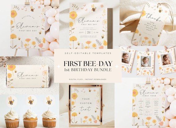 First Bee Day Bundle First Bee Day Birthday Package 1st Birthday Bundle for Girl First Bee Day Invitation First Birthday Party Package Boho