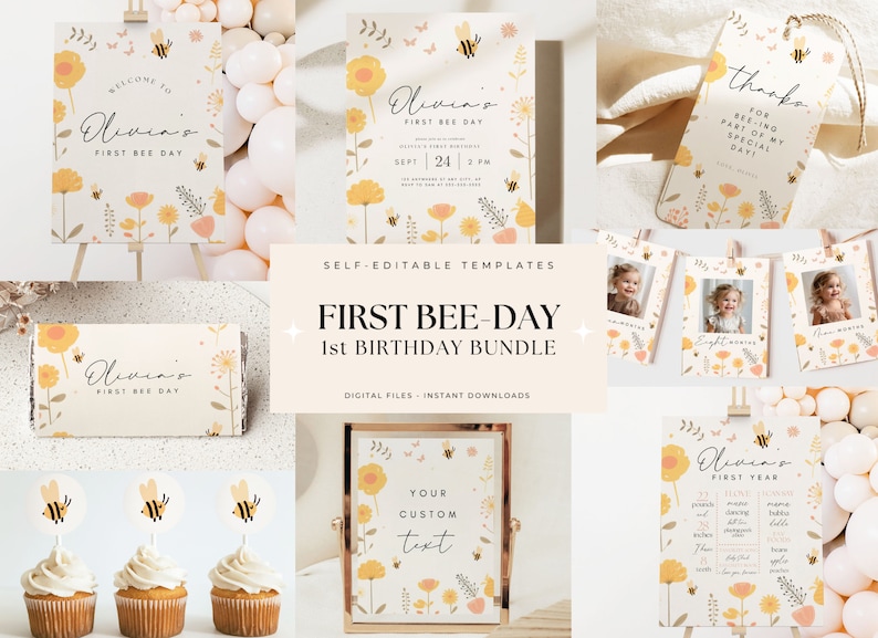 May include: A printable set of first birthday party decorations featuring a bee theme. The set includes a welcome sign, invitation, thank you tag, photo banner, cupcake toppers, and a milestone chart. The decorations are in yellow, pink, and white with a floral pattern.
