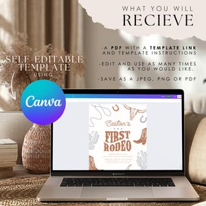 May include: A digital mockup of a printable invitation for a first rodeo party. The invitation is designed in a rustic style with brown and white colors. The text on the invitation reads "Caston's First Rodeo".