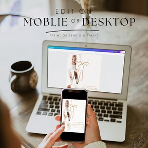 May include: A laptop and smartphone displaying a digital invitation. The invitation features a photo collage forming the letter "W" with a gold bow accent. Text at the top reads "EDIT ON MOBILE OR DESKTOP". The invitation is for a first birthday.