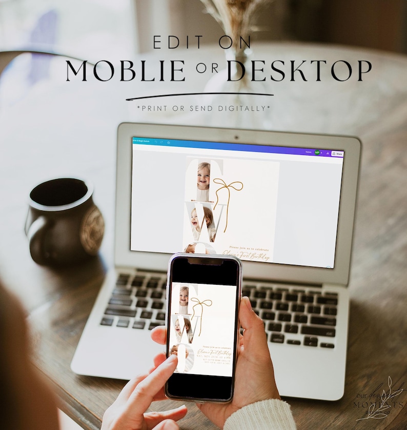 May include: A laptop and smartphone displaying a digital invitation. The invitation features a photo collage forming the letter "W" with a gold bow accent. Text at the top reads "EDIT ON MOBILE OR DESKTOP". The invitation is for a first birthday.