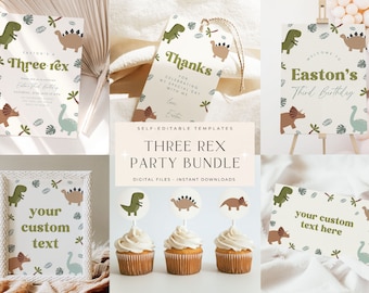 EDITABLE Three Rex Birthday Bundle, Third Birthday Bundle, 3rd Birthday Package, Dinosaur Theme Birthday Bundle Third Birthday for Boy Boho