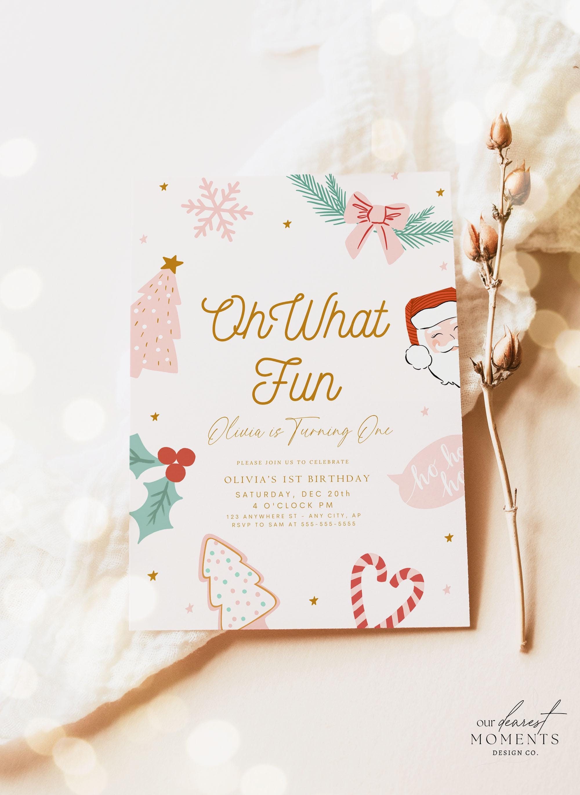 Editable Oh What Fun Birthday Invitation Christmas Girl 1st Birthday Invite Xmas First Birthday ONEderful Instant Download Pink Winter Boho