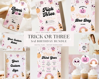 Editable Trick or Three Birthday Invitation Halloween 3rd Birthday Party Invite Third Birthday Girl Instant Download Retro Groovy Printable