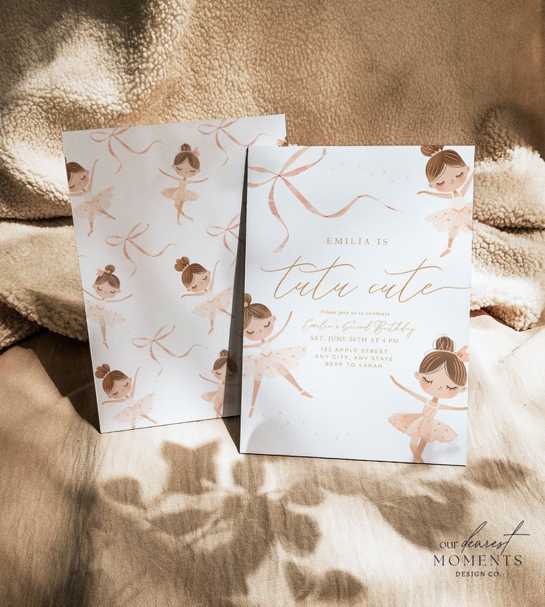 May include: Invitation and envelope set featuring a ballerina theme. The invitation reads "Emilia is tutu cute" with event details. The design includes illustrations of ballerinas and bows in soft pink and gold tones.