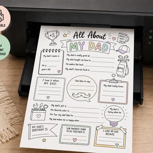 Puede incluir: Una hoja de cuestionario imprimible "All About My Dad" con secciones para rellenar. La hoja incluye espacios para el nombre del padre, su edad, sus cosas favoritas y m&aacute;s. El dise&ntilde;o presenta ilustraciones dibujadas a mano y las palabras "Imprimible" y "Descarga instant&aacute;nea".
