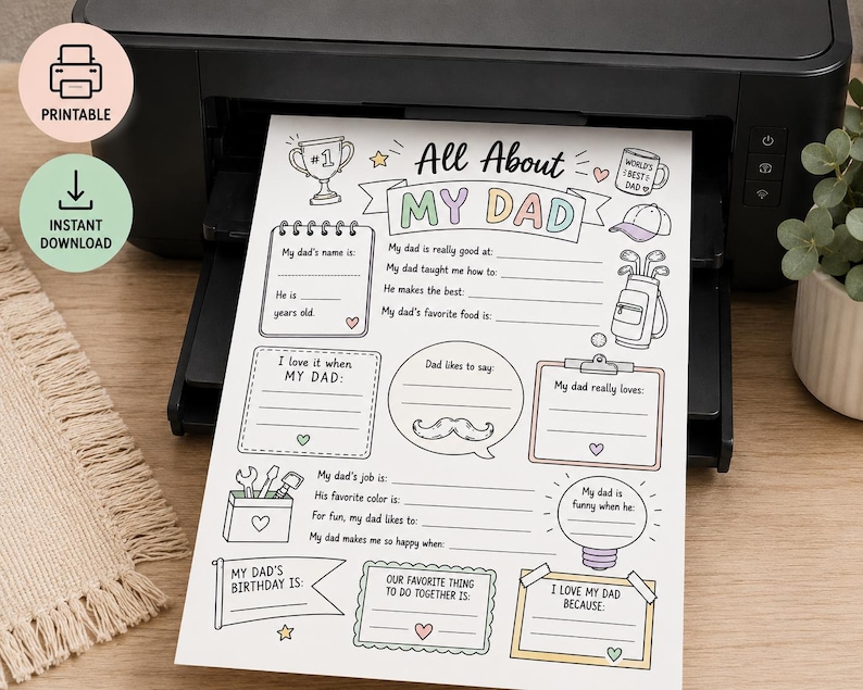 Puede incluir: Una hoja de cuestionario imprimible "All About My Dad" con secciones para rellenar. La hoja incluye espacios para el nombre del padre, su edad, sus cosas favoritas y m&aacute;s. El dise&ntilde;o presenta ilustraciones dibujadas a mano y las palabras "Imprimible" y "Descarga instant&aacute;nea".