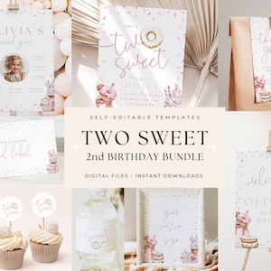 May include: A printable set of digital files for a 2nd birthday party with a donut theme. The files include a welcome sign, food labels, cupcake toppers, a thank you sign, and a water bottle label. The design features pink, white, and gold colors with a donut and sprinkles pattern.