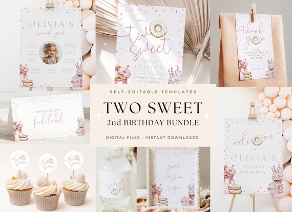 Two Sweet Birthday Bundle, Editable Party Decor (Digital Download)