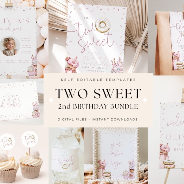 Two Sweet Birthday Bundle Second Birthday Bundle Two Sweet Birthday Theme 2nd Birthday Bundle Boho Two Sweet Birthday Package for Girl