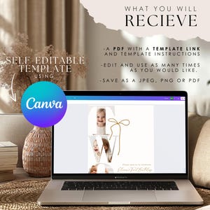 May include: A laptop displays a digital invitation template for a first birthday, featuring the name "Olivia" and the text "Please join us to celebrate". The template is editable using Canva, as indicated by the logo. The image also includes text about what the buyer will receive.