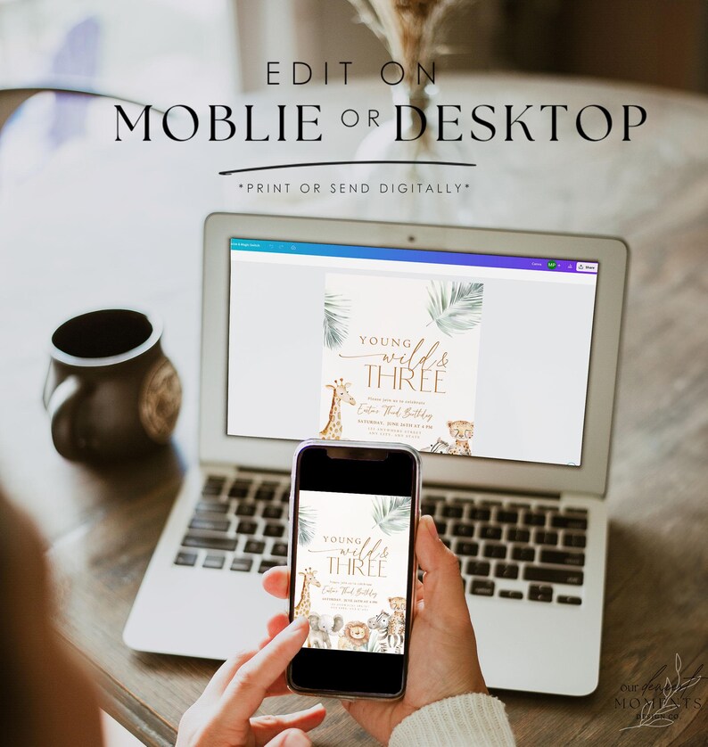 May include: A laptop and a smartphone displaying a digital invitation for a child's third birthday party. The invitation features a jungle theme with a giraffe, lion, and elephant. The text on the invitation reads "Young Wild & Three".