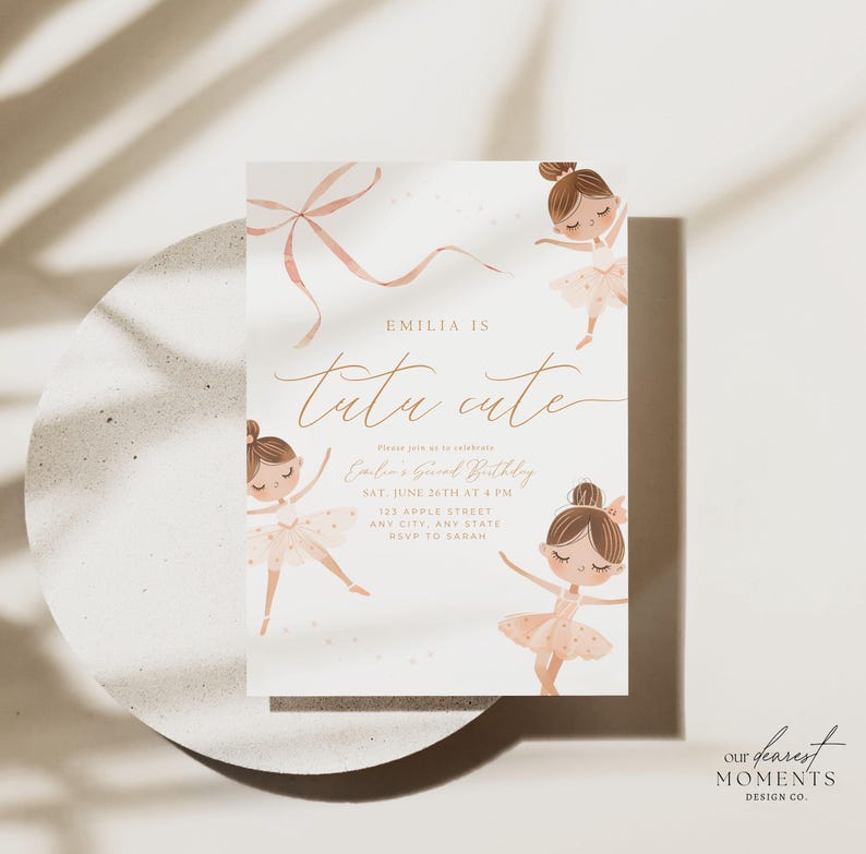 May include: A light-colored invitation card with the text "EMILIA IS tutu cute" and illustrations of ballerinas in tutus. The card includes event details: date, time, and location. The design features a soft, pastel color palette and a decorative bow.