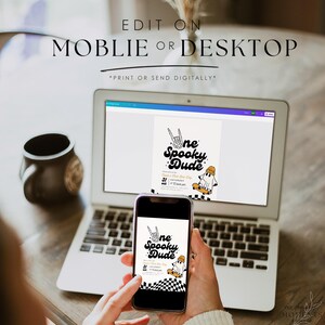 May include: A laptop and a smartphone displaying a digital invitation template with the text One Spooky Dude, featuring a ghost on a skateboard, a skeleton hand, and a checkered pattern. The screen displays event details for a birthday party.