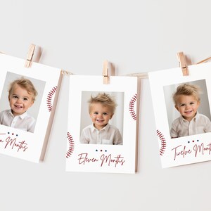 May include: Three white photo cards with red baseball stitching designs and red text. Each card features a photo of a baby boy and the text "Ten Months", "Eleven Months", and "Twelve Months".