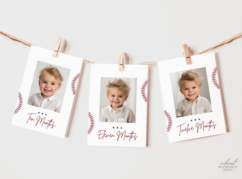 May include: Three white photo cards with red baseball stitching designs and red text. Each card features a photo of a baby boy and the text "Ten Months", "Eleven Months", and "Twelve Months".