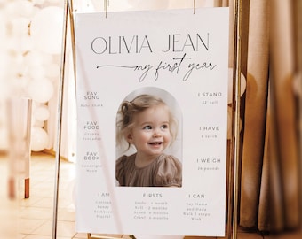 Self-editable My First Year First Birthday Sign Decor Banner Milestone Sign 1st Birthday Party Baby Boho Minimalist Neutral Pretty Firsts