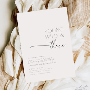 Third Birthday Invitation Young Wild and Three Birthday Invite 3rd Birthday Digital Invitation Evite Minimalist Third Birthday Invitation