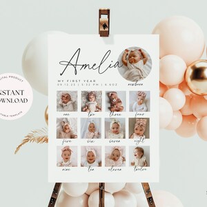 May include: A white printable poster with the name Amelia and a photo collage of a baby girl's first year. The poster has a grid of 12 photos, each with a number from one to twelve. The poster also includes the date and time of the baby's birth. The text "Our Dearest Moments Design Co." is at the bottom of the poster.