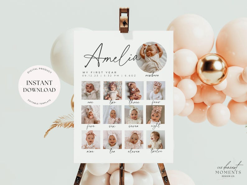 May include: A white printable poster with the name Amelia and a photo collage of a baby girl's first year. The poster has a grid of 12 photos, each with a number from one to twelve. The poster also includes the date and time of the baby's birth. The text "Our Dearest Moments Design Co." is at the bottom of the poster.