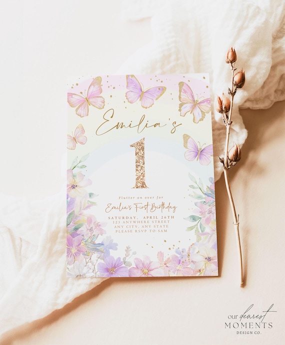 Editable Butterfly 1st Birthday Invitation Rainbow Butterfly Girl First Birthday Invite Whimsical Floral Flower Garden Instant Download One