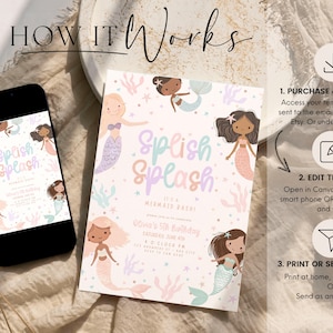 Op de afbeelding: Een uitnodiging met zeemeermintthema met de tekst "Splish Splash" en illustraties van zeemeerminnen. Een smartphone toont hetzelfde ontwerp. Gebruiksaanwijzingen zijn ook afgebeeld.