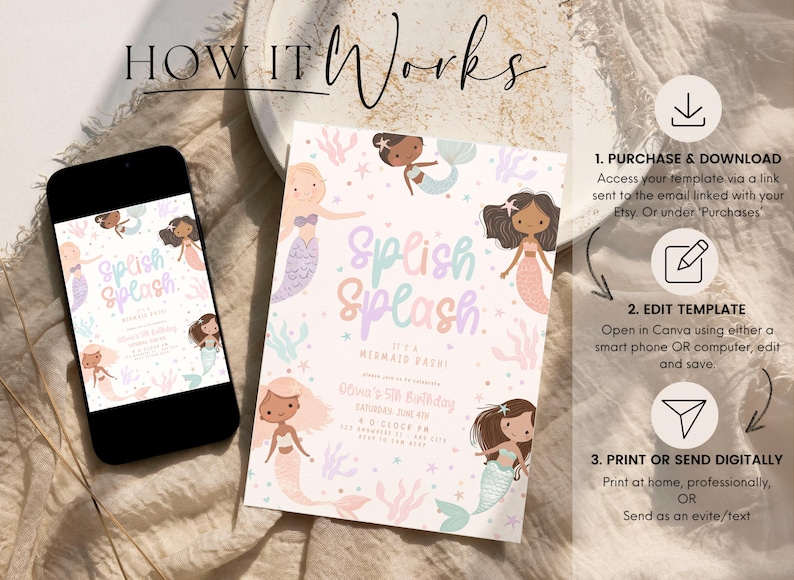 Op de afbeelding: Een uitnodiging met zeemeermintthema met de tekst "Splish Splash" en illustraties van zeemeerminnen. Een smartphone toont hetzelfde ontwerp. Gebruiksaanwijzingen zijn ook afgebeeld.