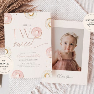 Two Sweet Second Birthday Invite 2nd Birthday Invitation Donut Party Theme Boho 2 year old party theme Digital Printable Invitation Template