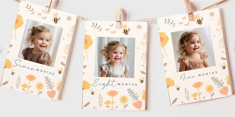 May include: Three white photo cards with a floral and bee pattern. Each card has a photo of a baby girl and the text "Seven Months", "Eight Months", and "Nine Months".