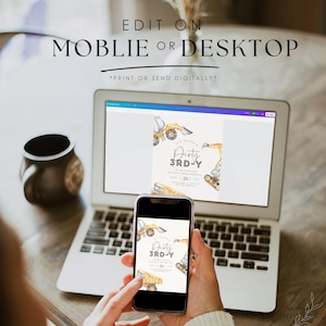 May include: A digital invitation for a child's birthday party. The invitation features a yellow and black construction truck with the text "It's a Dusty 3rd-Y" and a yellow and black construction truck with the text "Dusty 3rd-Y". The invitation is displayed on a laptop and a smartphone.