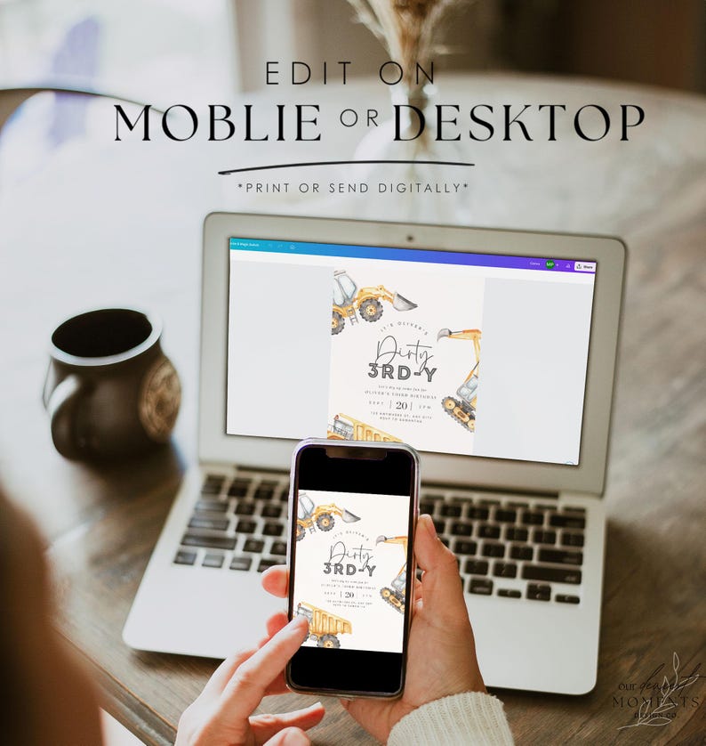 May include: A digital invitation for a child's birthday party. The invitation features a yellow and black construction truck with the text "It's a Dusty 3rd-Y" and a yellow and black construction truck with the text "Dusty 3rd-Y". The invitation is displayed on a laptop and a smartphone.