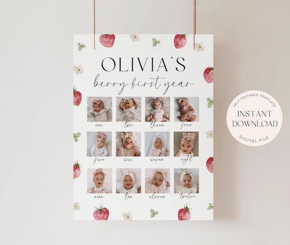 Berry First Year Photo Sign Monthly Photo Sign Berry First Birthday Decor Strawberry Birthday Party Sign Monthly Picture Poster 1st Birthday