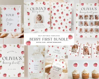 Berry First Birthday Bundle 1st Birthday Bundle Girl Birthday Strawberry Birthday Boho Birthday Decor Digital 1 st Birthday Printable Invite