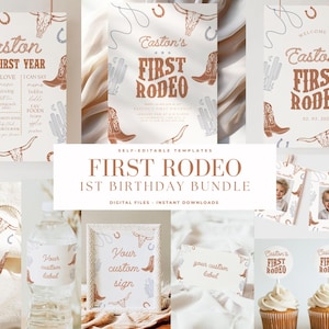 Editable First Rodeo Birthday Bundle Boy Rodeo 1st Birthday Package Cowboy Western Birthday Invite Rodeo 1 st Birthday Retro Wild West Boho