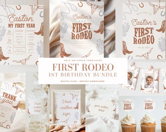 Editable First Rodeo Birthday Bundle Boy Rodeo 1st Birthday Package Cowboy Western Birthday Invite Rodeo 1 st Birthday Retro Wild West Boho