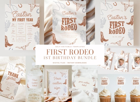 Editable First Rodeo Birthday Bundle Boy Rodeo 1st Birthday Package Cowboy Western Birthday Invite Rodeo 1 st Birthday Retro Wild West Boho