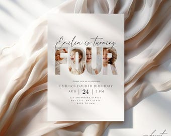 Editable Fourth Birthday Invitation 4th Birthday Party Invite Minimalist Boho 4 th Boy Birthday Girl Birthday Instant Digital Download Four