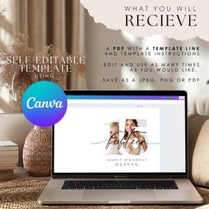 Pode incluir: Um modelo digital para um cart&atilde;o de anivers&aacute;rio com uma foto de uma menina e o texto "fifteen" e "Happy Birthday Olivia". O modelo &eacute; mostrado na tela de um laptop com o logotipo do Canva vis&iacute;vel.