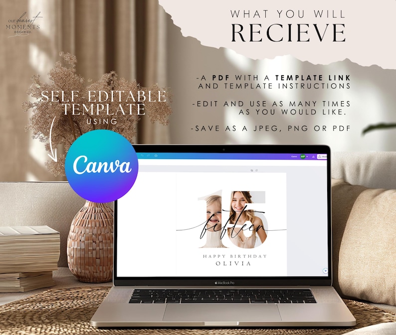 Pode incluir: Um modelo digital para um cart&atilde;o de anivers&aacute;rio com uma foto de uma menina e o texto "fifteen" e "Happy Birthday Olivia". O modelo &eacute; mostrado na tela de um laptop com o logotipo do Canva vis&iacute;vel.