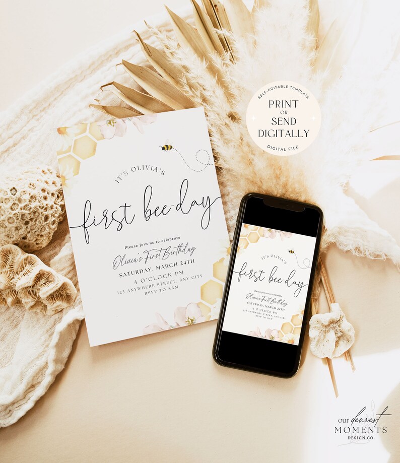 May include: A printable invitation for a first birthday party with a bee theme. The invitation features a honeycomb pattern, a bee, and the text "It's Olivia's First Bee Day".