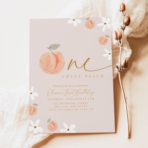 One Sweet Peach Invitation with Boho Minimalist theme. Digital Download Editable Template