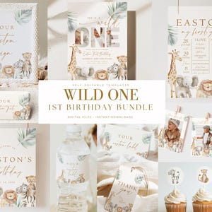 Editable Wild One Boy Birthday Bundle Safari Animal Birthday Package 1st Birthday Invite Set with Photo Boho First Birthday Jungle 1 st