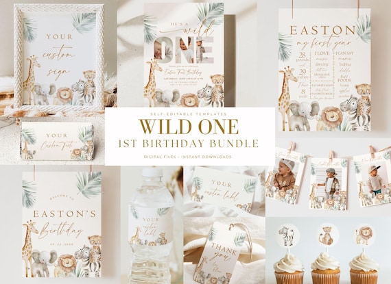 Editable Wild One Boy Birthday Bundle Safari Animal Birthday Package 1st Birthday Invite Set with Photo Boho First Birthday Jungle 1 st