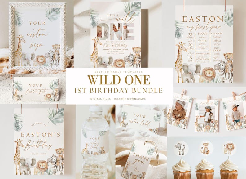 May include: A set of printable templates for a wild one themed first birthday party. The templates include a welcome sign, a sign with the baby's name and age, a sign with the baby's first year milestones, a thank you tag, a water bottle label, a cupcake topper, and a photo booth backdrop. The templates feature a jungle animal theme with a neutral color palette of beige, brown, and green.