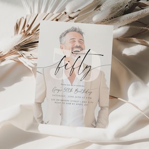May include: A rectangular birthday invitation card featuring a photograph of a smiling person in a beige blazer. The text reads fifty, Please join us to celebrate, Greg's 50th Birthday, Saturday, June 26th at 4 PM, 123 Anywhere Street, Any City, RSVP to Sam by April 1st.
